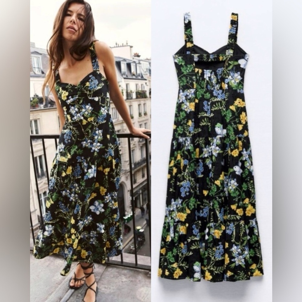 NWT ZARA Floral Eyelet Print Midi Dress black yellow cotton cutout back M